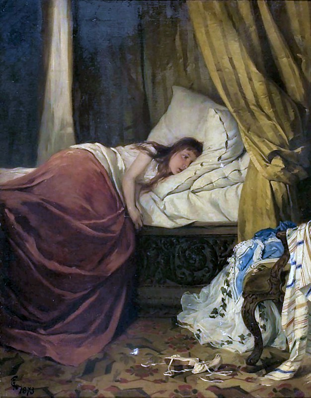 A 19th Century Painting of a Person lying exhausted on a bed